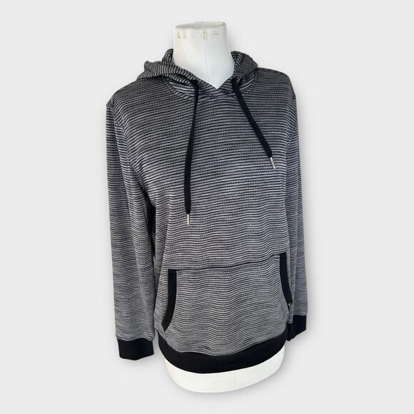 Womens PrAna Striped Hoodie Sweatshirt sz Large Black Gray Stripes Gorpcore Cozy - Picture 2 of 9